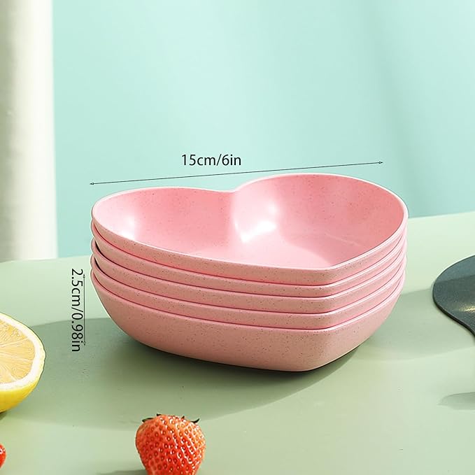 Incauca 5 Pack 6 Inch Heart Shape Mini Dipping Sauces Bowls, Unbreakable Wheat Straw Small Snack Dessert Dishes, Salad Plates for Sushi Side Dish Fruit Appetizer Cake, Beige