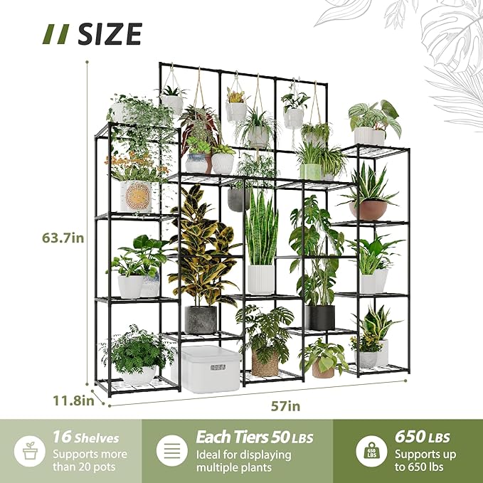Metal Plant Stand Outdoor 63" Tall Plant Shelf for Plants 14-Tier Large Plant Sheves for Indoor Plants Living Room Heavy Duty Rack Garden Balcony Patio Hanging Planter