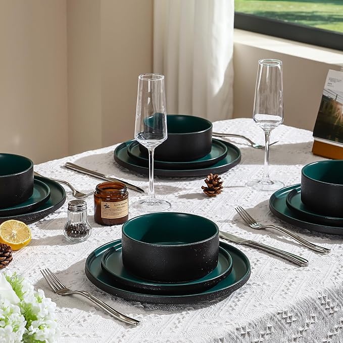 GZG Ceramic Dinner Plates Set of 4,10 Inch Stoneware plate Set,Microwave and Dishwasher Safe Kitchen Utensils,Stackable,Scratch Resistant (Dark Green)