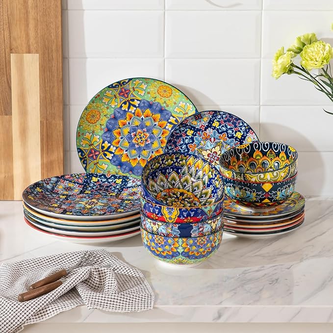 Sweejar Dinner Plates 10.5 Inch,Ceramic Large Plates Set of 6,Bohemian Style Colorful Plate Dishwasher and Microwave Safe Round Porcelain Dessert Plates for Kitchen