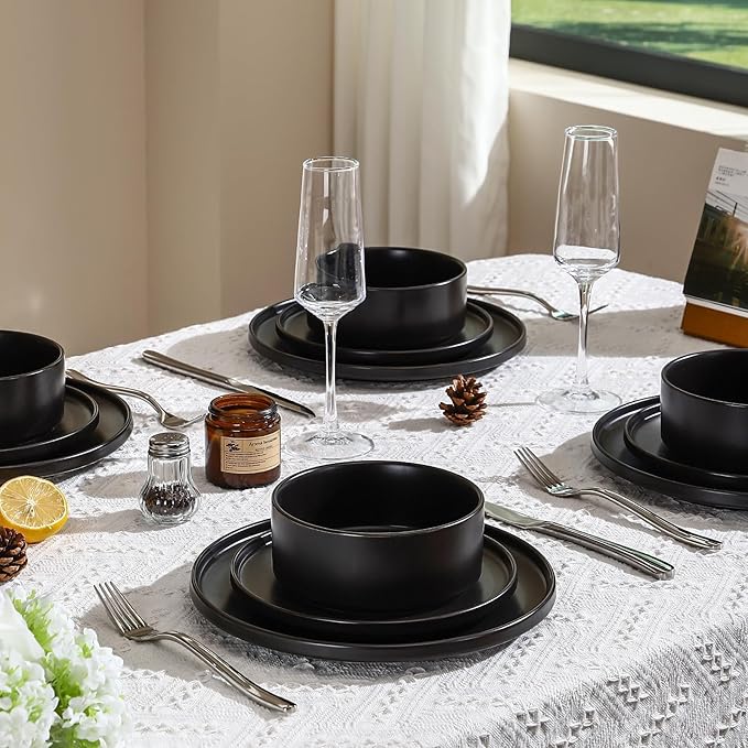 GZG Ceramic Dinner Plates Set of 4,10 Inch Stoneware Dishes Set,Microwave and Dishwasher Safe Kitchen Utensils,Stackable,Scratch Resistant (Matte Black)