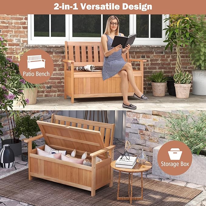 Tangkula 48 Inch Outdoor Wood Storage Bench Deck Box, Wooden Storage Loveseat with 34.2 Gal Inner Space, Entryway Bench Deck Box with Slatted Backrest, Storage Seat for Garden, Lawn, Balcony & Porch