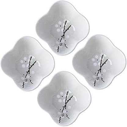 Ceramic Flower Shaped Sauce Dish Sushi Dipping Bowl Appetizer Plates Porcelain Serving Dish Seasoning Dishes,Plum blossom Set of 4 (Light-White-Flower)