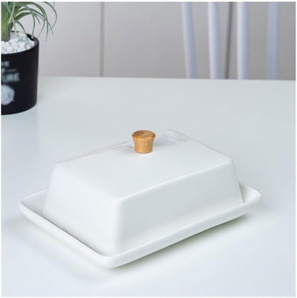 Butter Dish, Creative European Style Simple Ceramic Butter Box with Lid Plate Dish Wooden Handle Snack(Small)