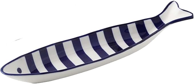 Ceramic Fish Shaped Serving Dish, Red and White Striped Pattern, Appetizer Snack Plate, Microwave Dishwasher Safe, 12x7 Inch (Purple Stripes)