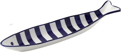 Ceramic Fish Shaped Serving Dish, Red and White Striped Pattern, Appetizer Snack Plate, Microwave Dishwasher Safe, 12x7 Inch (Purple Stripes)