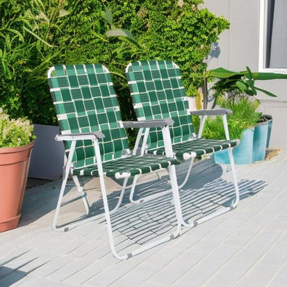 VINGLI Patio Lawn Webbed Folding Chairs Set of 2, Outdoor Beach Chair Portable Dining Chair for Outdoor Yard, Garden (Dark Green, Classic)