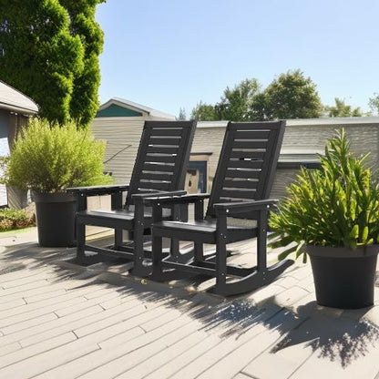 GREENVINES Outdoor Rocking Chairs | Set of 2 | Porch Rocker | HDPE Plastic | Black | Oversized Rockers | High Back | Big & Tall | Ladder Back | for Patio Outside Backyard Balcony