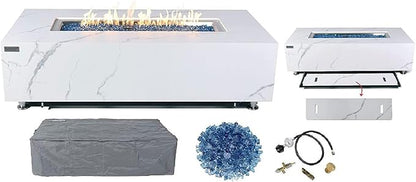 Elementi+ | Carrara Gas Fire Pit | Marble Porcelain & Metal Frame | 60" Rectangular Fire Table | Electronic Ignition | Canvas Cover, Fire Glass & Burner Lid Included | White | Propane Gas