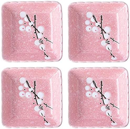 Ceramic Flower Shaped Sauce Dish Sushi Dipping Bowl Appetizer Plates Porcelain Serving Dish Seasoning Dishes,Plum blossom Set of 4 (Pink-Rect)