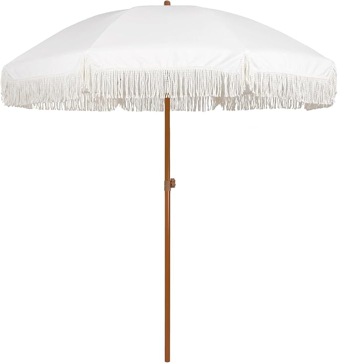 AMMSUN 7ft Patio Umbrella with Fringe Outdoor Tassel Umbrella UPF50+ Premium Steel Pole and Ribs Push Button Tilt, Cream White