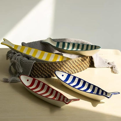 Ceramic Fish Shaped Serving Dish, Red and White Striped Pattern, Appetizer Snack Plate, Microwave Dishwasher Safe, 12x7 Inch (Purple Stripes)