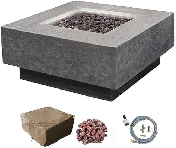 Elementi | Manhattan Gas Fire Pit Cast Concrete 36" Square Fire Table, Outdoor Fire Pit Electronic Ignition | Canvas Cover, Lava Rock Included | Light Gray (Natural Gas)