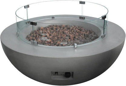 Elementi Lunar Bowl Fire Pit Bundle Outdoor Firepit Set Includes 42” Natural Gas Concrete Firepit, Glass Windscreen, Stainless Steel Cover, Canvas Cover, Floor Mat, Ice Bucket
