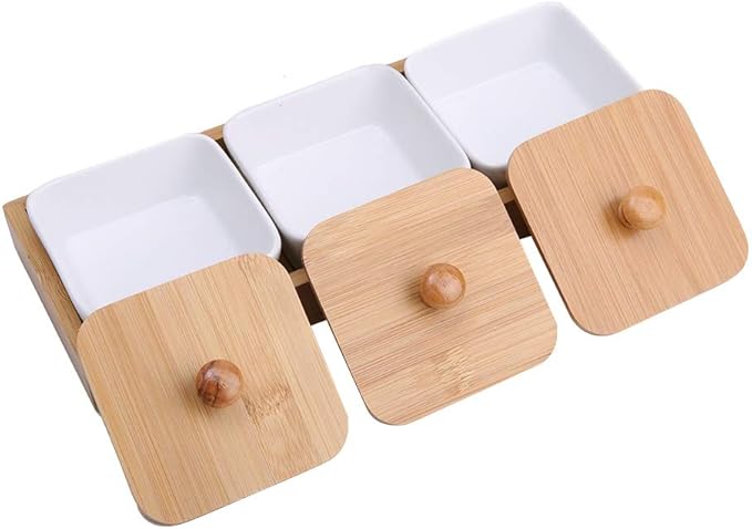 White Ceramic Snack Serving Plate with Tray Cover, BPAFree, Easy Care, Ideal for Fruits and Appetizers, Office Pantry (Three compartments with lid)