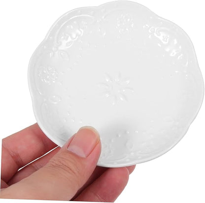 2pcs Decorative Floral Relief Ceramic Appetizer Plates White Sauce Dishes for Seasoning Suitable for Dips Desserts and Snacks
