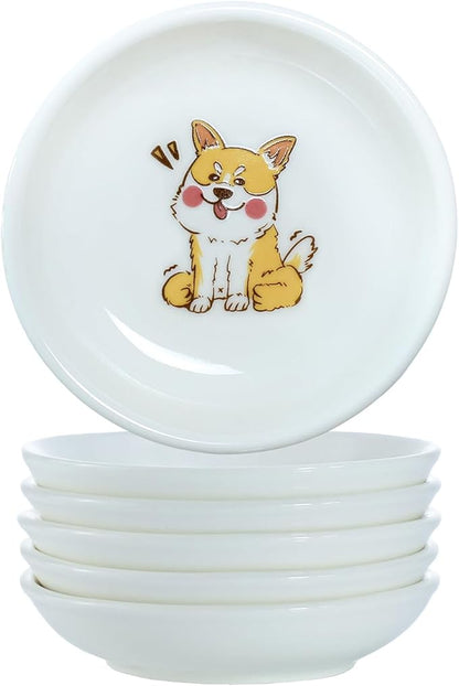 SOCOSY Super Cute Cartoon Animals Ceramic Sauce Dishes, Seasoning Dishes, Little Cat Dog Bird Feeding Bowls, Sushi Soy Dipping Bowls, Appetizer Plates, Dessert Plates, Set of 6-Cartoon Dog-3.5 Inch