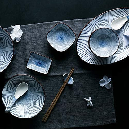 Colias Wing 3.5" Simple Blue Stripes with Brown Edge Stylish Design Multipurpose Porcelain Side Dish Bowl Seasoning Dishes Soy Dipping Sauce Dishes-Set of 4-White-Rectangle