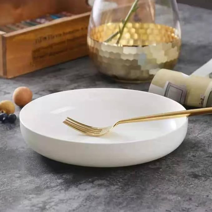 TOYANDONA Ceramic Western Food Shallow Plate 21cm Glossy White Porcelain Dinnerware Salad Appetizer Dish for Household Pasta Fish Serving