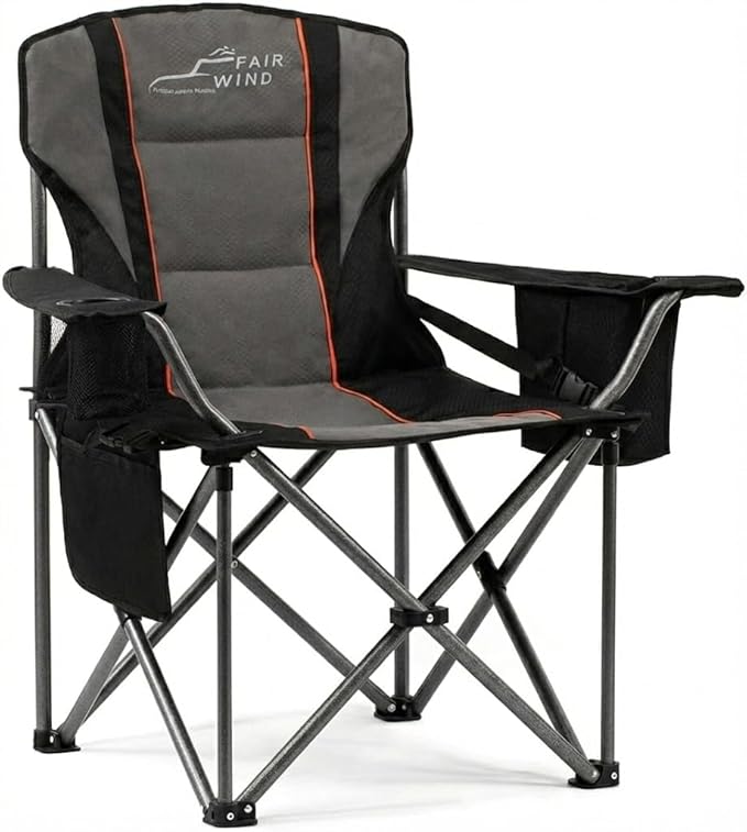 FAIR WIND Heavy Duty Camping Chair, Oversized Padded Folding Chair for Big and Tall (450lbs), Extra Wide Seat with Integrated Cooler & Storage Pocket, Adjustable Lumbar Support for Outdoor
