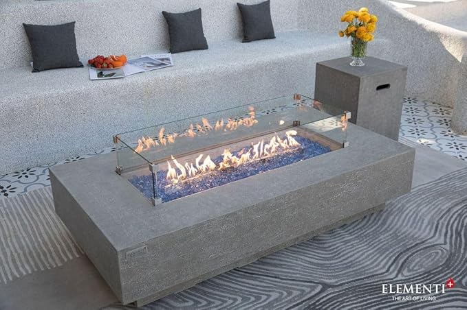 Elementi+ | Bundle Riviera Gas Fire Pit Cast Concrete 60" Rectangular Fire Table, Outdoor Fire Pit Electronic Ignition | Canvas Cover, Fire Glass and Burner Lid Included | Light Gray | Propane Gas