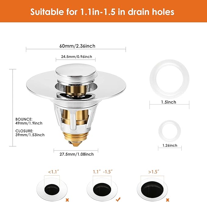 Universal Bathroom Sink Stopper, Basin Pop-up Bathroom Sink Drain Strainer