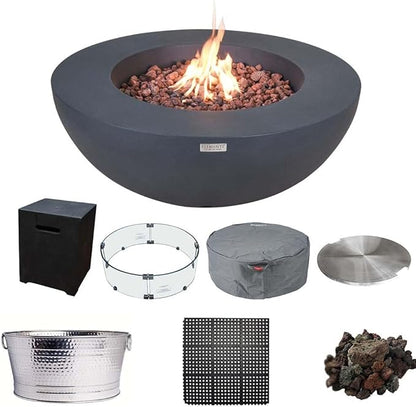 Elementi Lunar Bowl Dark Grey Fire Pit Bundle Includes 42” Propane Concrete Firepit, Glass Windscreen, Stainless Steel Cover, Tank & Canvas Cover, Floor Mat and Beverage Tub