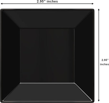 Exquisite Mini Disposable Appetizer Plates - 100 Pack 2.95" x 2.95" Black Plastic Dessert Plates - Elegant Design for Weddings, Birthdays, and Formal Parties - Stackable and Convenient - BPA Free