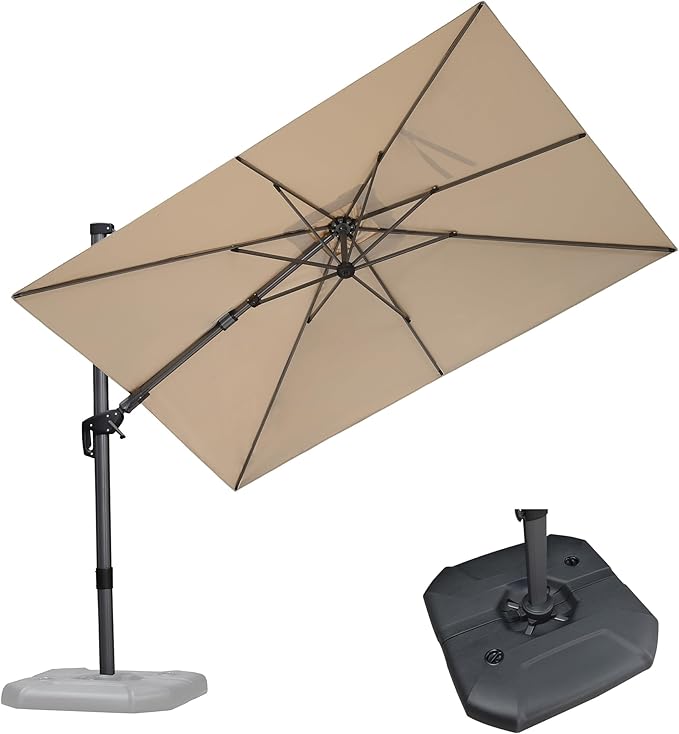 PURPLE LEAF 6.5' X 10' Left-right Tilt Patio Umbrella with Base Outdoor Cantilever Swivel Rectangle Umbrella Aluminum Offset Umbrella with 360-degree Rotation for Garden Deck Pool Patio Beige