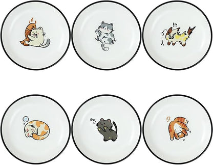 SOCOSY Super Cute Cartoon Animal Ceramic Sauce Dishes, Seasoning Dishes, Little Cat Dog Bird Feeding Bowls, Sushi Soy Dipping Bowls, Appetizer Plates, Dessert Plates, Set of 6-Cats-5 Inch