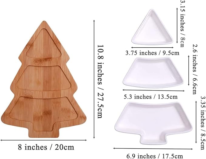 White Snack Appetizer Trays Set, Holiday Shaped Party Plate Christmas Tree Dessert Serving Dishes, Snack Platter, 3 pcs Removable Porcelain Plates with Bamboo Board Tree Tray