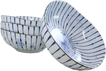 Ebros Gift Artistic Blue Waves Fubuki Tokusa Made In Japan Dinnerware Serveware Kitchenware Set Asian Japanese Restaurant Supply (Pack Of 4 Round Flair Medium Shallow Bowls 44oz)