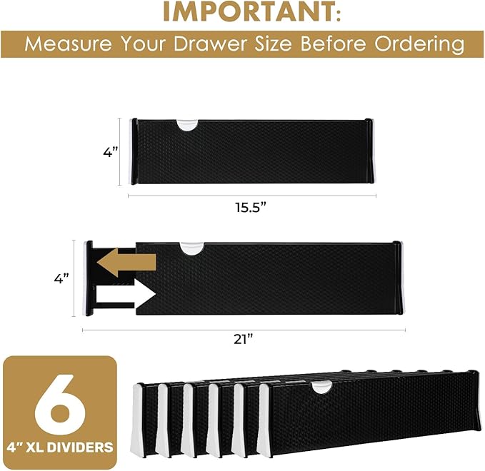 RAPTUROUS Adjustable Drawer Dividers 6 Pack, 4” High, 15.5-21” Long, Dresser