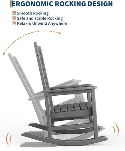 GarveeLife Outdoor Rocking Chair Set of 4, HDPE Weather Resistant Patio Rocking Chair Porch Rocker with Wood Texture & 380 LBS Support for Deck, Pool, Backyard, Gray