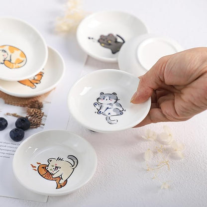 SOCOSY Super Cute Cartoon Animal Ceramic Sauce Dishes, Seasoning Dishes, Little Cat Dog Bird Feeding Bowls, Sushi Soy Dipping Bowls, Appetizer Plates, Dessert Plates, Set of 6-Cats-3.5 Inch