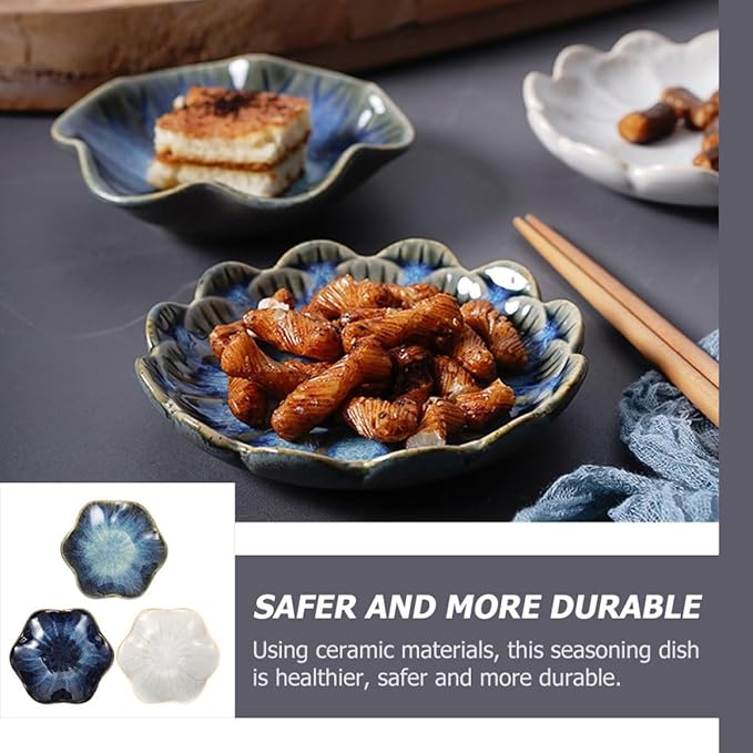 Ceramic Appetizer Plates Set of 3 with Blue Gradient, Rustic White, and Rice Straw Patterns – Small Sauce Dipping and Seasoning Plates for Kitchen and Dining Use Random Color