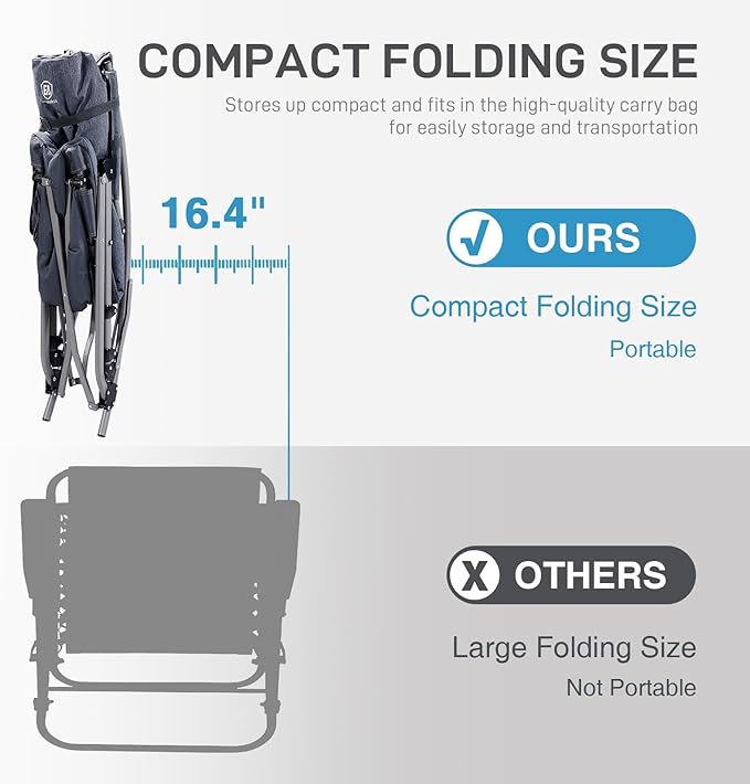 EVER ADVANCED Oversized Folding Rocking Camping Chair, Padded Portable Rocker Chair for Patio, Lawn and Outdoors, Heavy Duty Hard Armchair for Adults Supports 400lbs, Grey