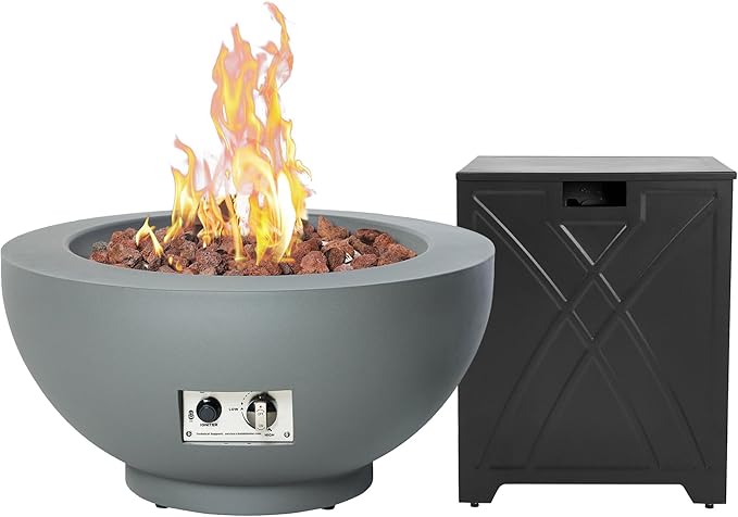 28-Inch Gas Fire Pit with Propane Tank Cover, 58,000 BTU Round Propane Fire Pit Table, Patio Fire Bowl Firepit with Lid, Lava Rocks, Cover, Pre-Attached 10FT Propane Hose, Gray