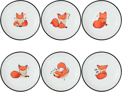 SOCOSY Super Cute Cartoon Animal Ceramic Sauce Dishes, Seasoning Dishes, Little Cat Dog Bird Feeding Bowls, Sushi Soy Dipping Bowls, Appetizer Plates, Dessert Plates, Set of 6-Fox-5 Inch