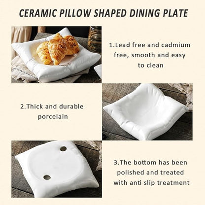 6 Inch Appetizer Ceramic Plates, White Dessert Dinner Plates, Fun Square Pillow Shaped Ceramic Plates for Salad, Bread, Fruit -Microwave/Oven/Dishwasher Safe