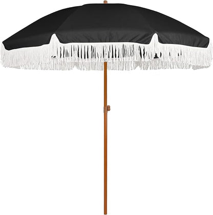AMMSUN 7ft Patio Umbrella with Fringe Outdoor Tassel Umbrella UPF50+ Premium Steel Pole and Steel Ribs Push Button Tilt, Black