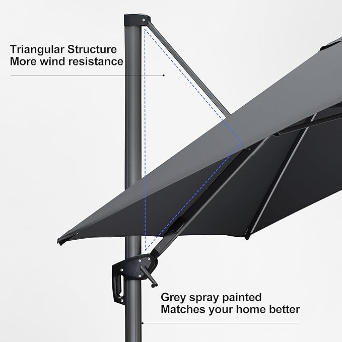PURPLE LEAF 10 Feet Patio Umbrella with Base Outdoor Cantilever Solar Powered LED Square Umbrella Aluminum Offset Umbrella with 360-degree Rotation for Garden Deck Pool Patio Light Grey