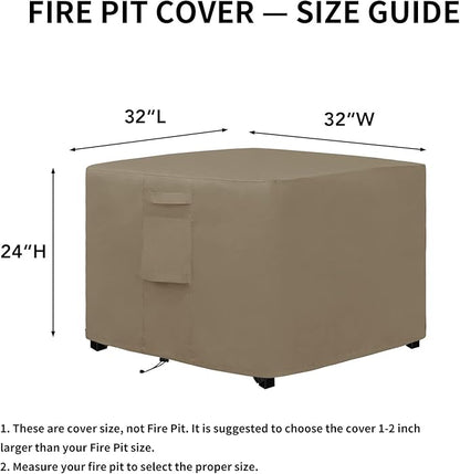 Easy-Going Outdoor Fire Pit Cover Square 32" Lx32 Wx24 H, Durable Outdoor Gas Firepit Cover, Waterproof and Weatherproof Cover for Fire Pit, Camel