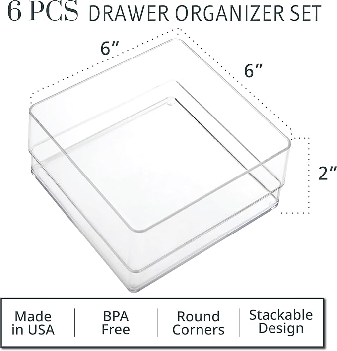 STORi SimpleSort 6-Piece Stackable Clear Drawer Organizer Set | 6" x 6" x 2"