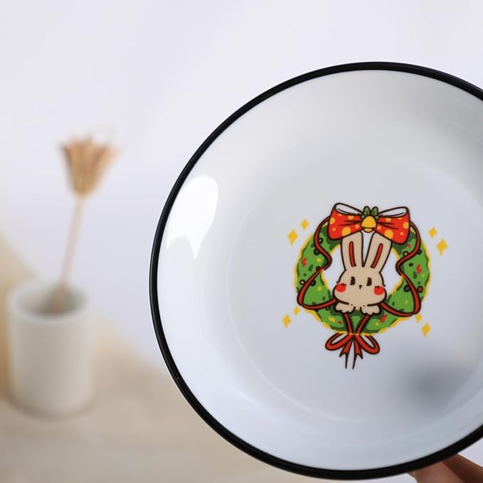 SOCOSY Cute Cartoon Christmas Rabbits Ceramic Sauce Dishes, Seasoning Dishes, Little Cat Dog Bird Feeding Bowls, Sushi Soy Dipping Bowls, Appetizer Plates, Dessert Plates-Rabbits-5 Inch, Set of 6