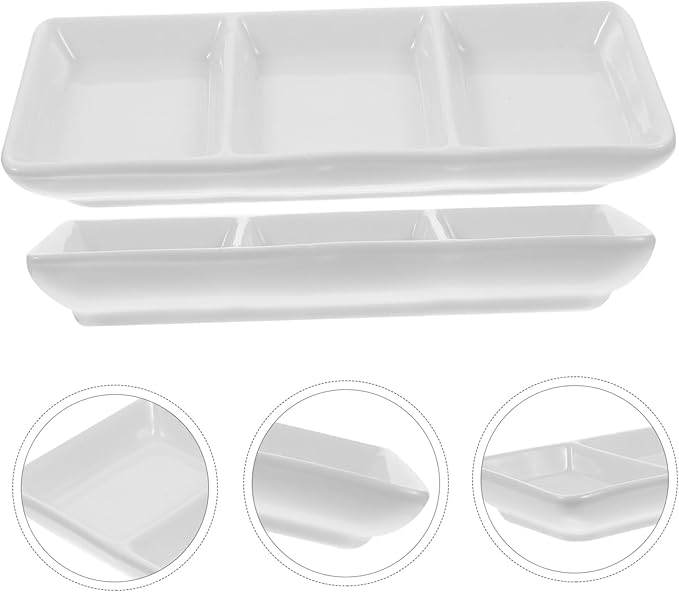 VOSAREA 2Pcs Rectangular Ceramic Dipping Bowls Three Sauce Dishes for Condiments Fruits Nuts and Candies Versatile Appetizer Plates for Home and Restaurant Use