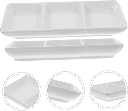 VOSAREA 2Pcs Rectangular Ceramic Dipping Bowls Three Sauce Dishes for Condiments Fruits Nuts and Candies Versatile Appetizer Plates for Home and Restaurant Use