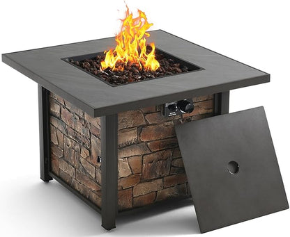 YATEMATE 36'' Propane Gas Fire Pit Table, Sintered Stone Tabletop & Polyresin Stone Look Panel, 50000 BTU Gas Fire Pit for Outside Patio and Garden, with Metal Lid & Lava Rocks