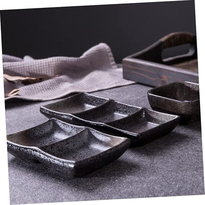 2pcs Retro Square Ceramic Sauce Dishes 3-Grid Snack and Seasoning Bowls Food Dipping Plates for Appetizers and Desserts
