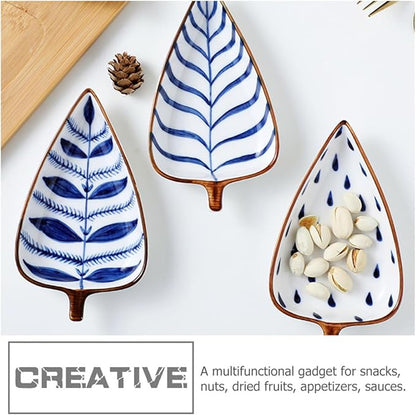 ARTIBETTER Creative 3pcs Japanese Hand-painted Ceramic Appetizer Plates Set with Seasonal Leaf and Watergrass Designs, 3.5-inch Food Serving Dishes for Sauce, Nuts, and Desserts, Random Color